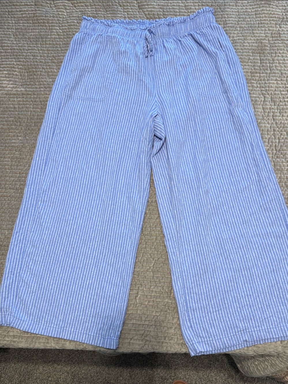 Ava & Viv Light Blue and White Striped Wide-Leg Pull-On Bottoms- Linen pants